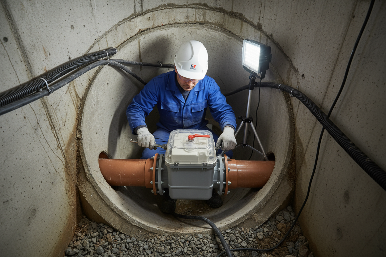 Ein Bauarbeiter installiert eine Rückstauklappe in einem Schacht