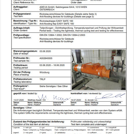 TÜV Prüfung für Rückstauklappe EasySafe160-eckig
