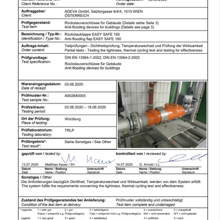 TÜV Zertifikat für Rückstauklappe EasySafe160-R