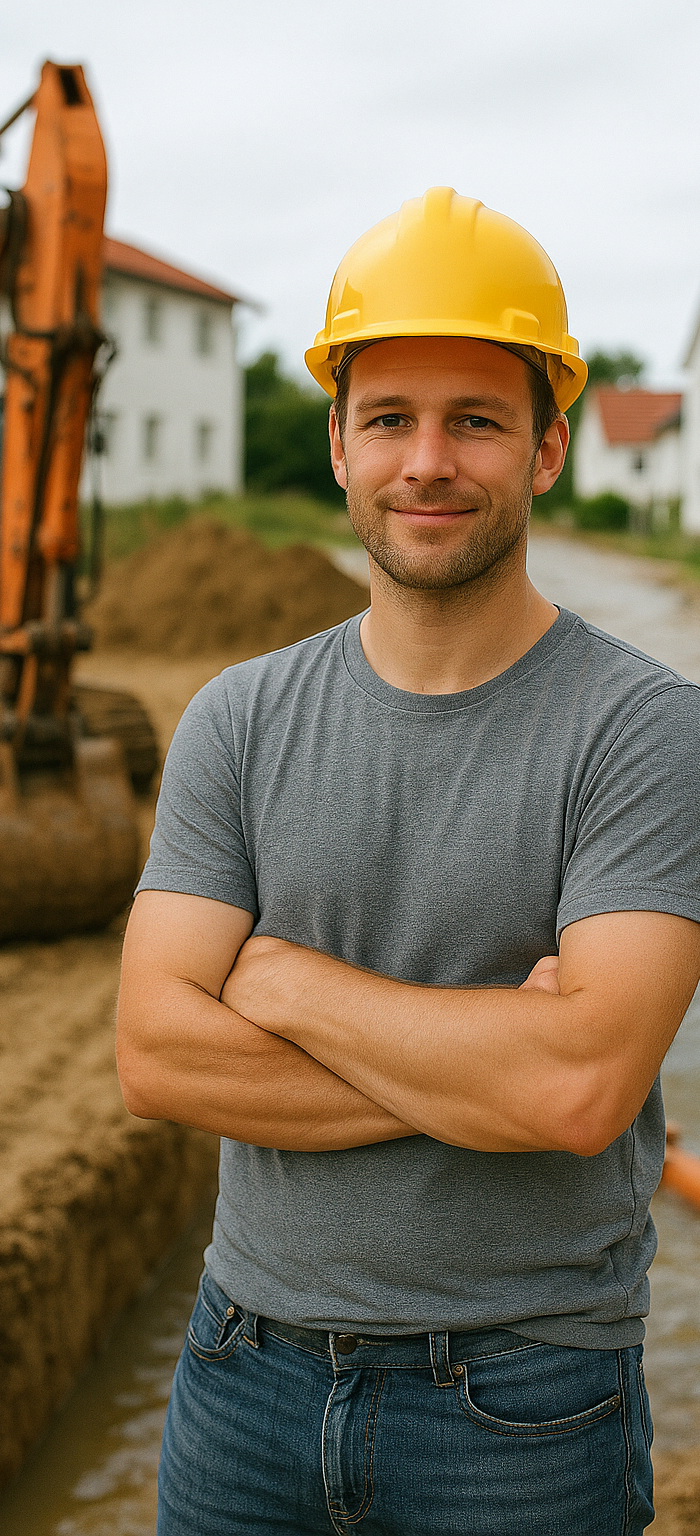 Ein Kunde steht vor seiner Baustelle. Im Hintergrund sieht man PVC KG Rohr und einen Bagger. 